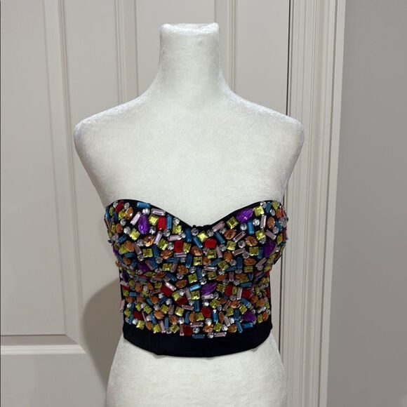 Lydia Tops - Lydia Colorful Jeweled Beaded Strapless Cropped Corset Top Size Large